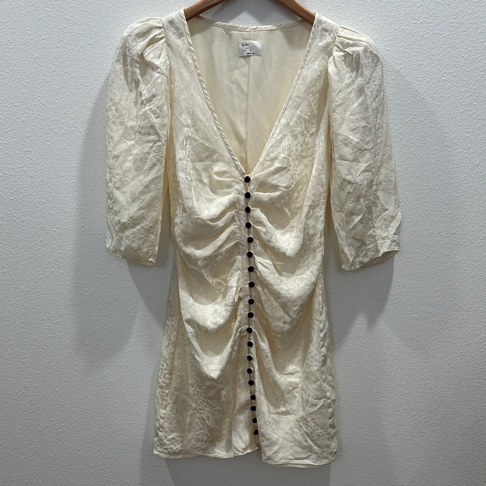Le Fou Wilfred Giselle Tango silk ivory floral dress by Aritzia buttons ruched